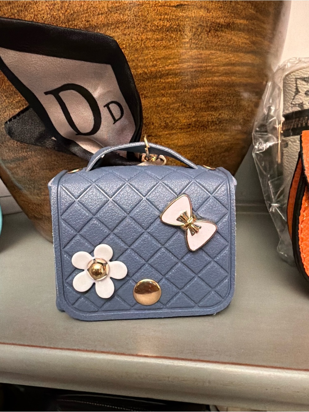 Dainty Quilted Blue Mini Top-Handle Bag with Flower & Bow Accents